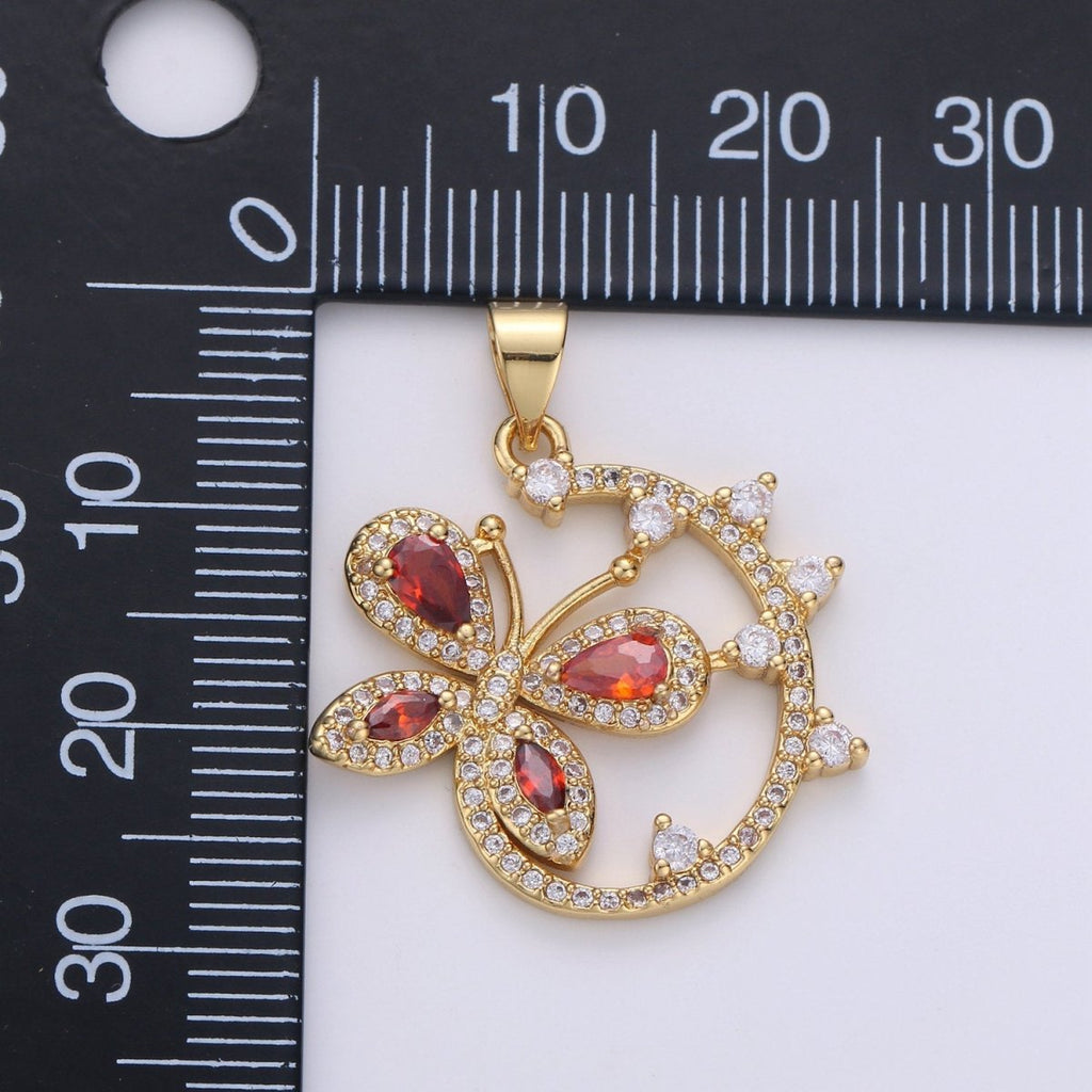 Dainty 24k Gold plated Micro Pave Butterfly Charm, Ruby Cubic Zirconia Round Circle Pendant Charm, Gold plated Charm, For DIY Jewelry I-852 - DLUXCA