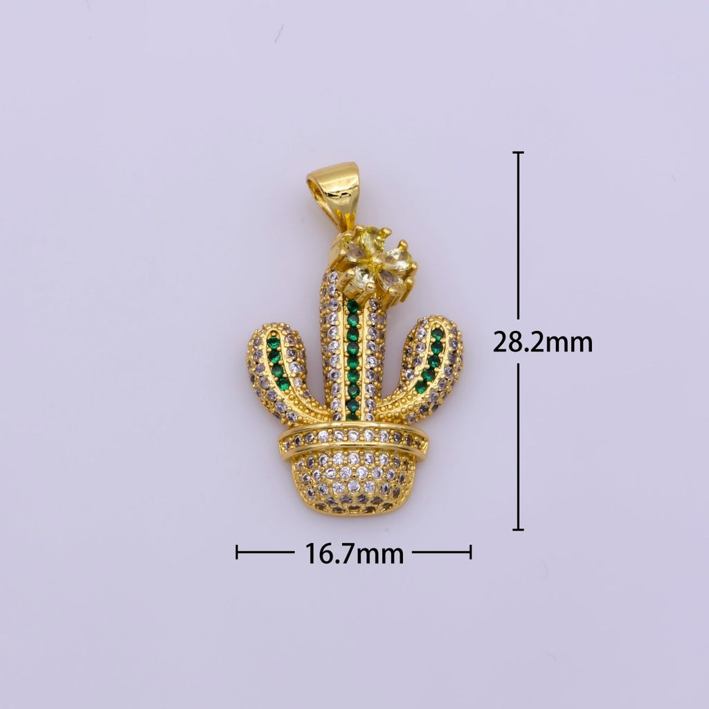 Dainty 24K Gold plated Micro Paved CZ Green Cactus Succulents Potted Plant Pendant | N-1346 - DLUXCA