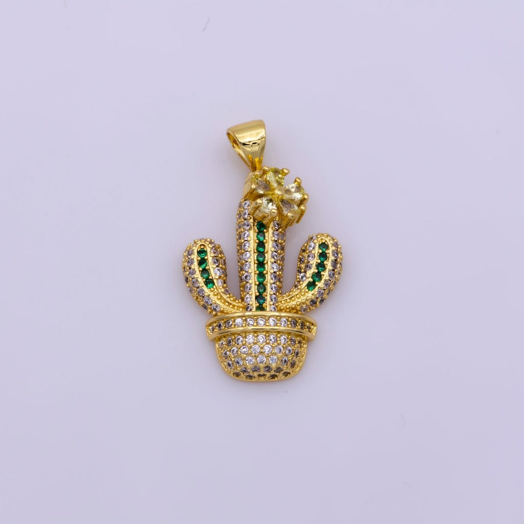 Dainty 24K Gold plated Micro Paved CZ Green Cactus Succulents Potted Plant Pendant | N-1346 - DLUXCA