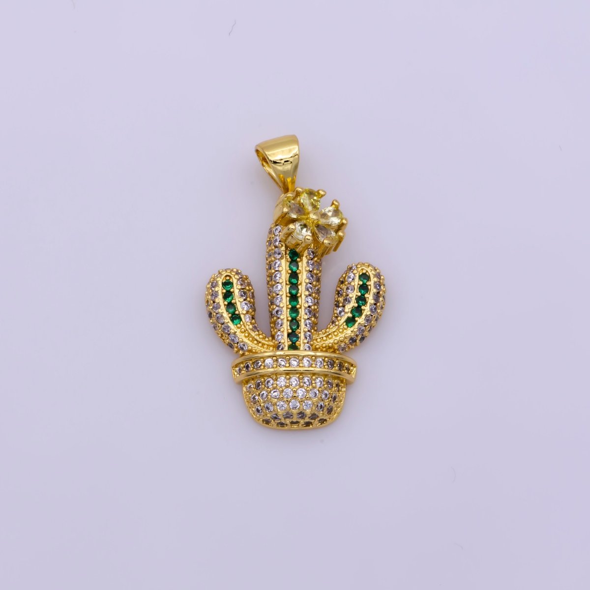 Dainty 24K Gold plated Micro Paved CZ Green Cactus Succulents Potted Plant Pendant | N-1346 - DLUXCA