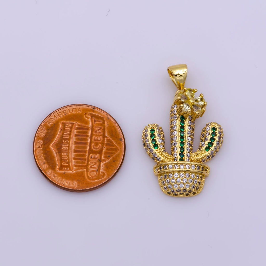 Dainty 24K Gold plated Micro Paved CZ Green Cactus Succulents Potted Plant Pendant | N-1346 - DLUXCA
