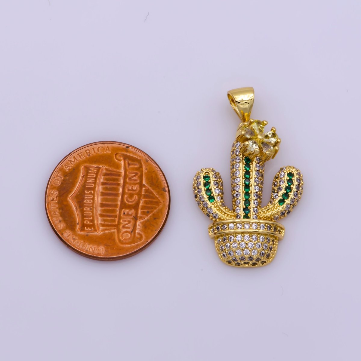 Dainty 24K Gold plated Micro Paved CZ Green Cactus Succulents Potted Plant Pendant | N-1346 - DLUXCA