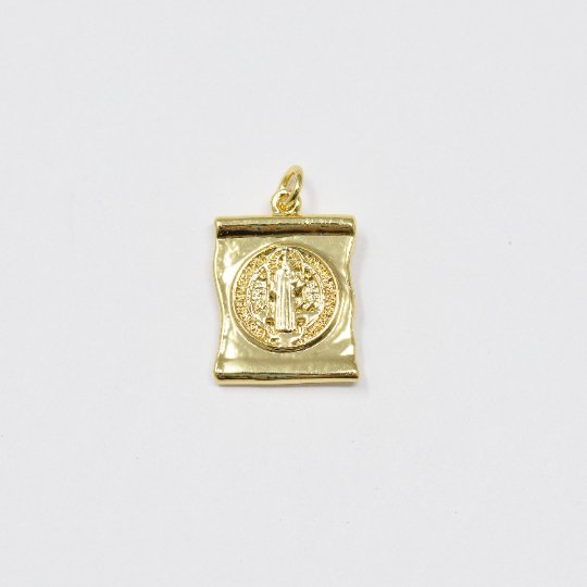 Dainty 24k Gold plated Scroll Charm Saint Benedict Charm Medallion for Bracelet Necklace Pendant Religious Jewelry Making Supply E-119 - DLUXCA