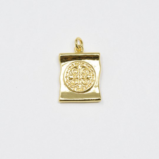 Dainty 24k Gold plated Scroll Charm Saint Benedict Charm Medallion for Bracelet Necklace Pendant Religious Jewelry Making Supply E-119 - DLUXCA