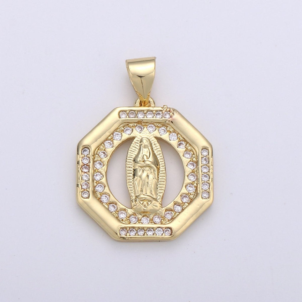 Dainty 24k Gold plated Virgin Mary Medallion Necklace Octagon Virgin Mary Pendant for Religious Necklace Lady Guadalupe Charm 23x18mm, D-083 - DLUXCA
