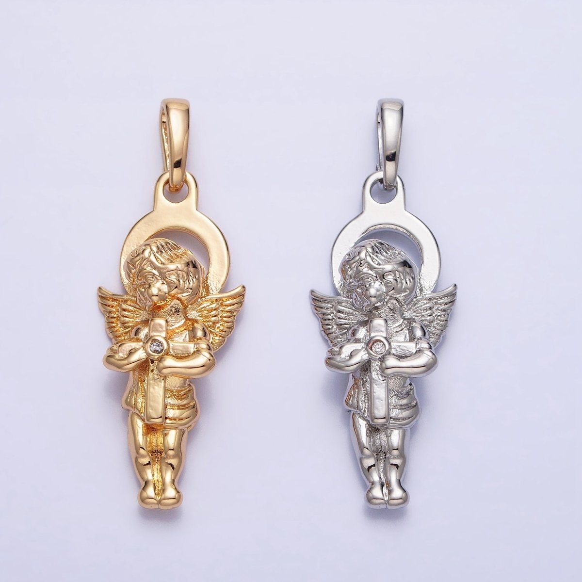 Dainty 3D 16K Gold plated Guardian Angel Pendant Micro Pave Silver Religious Charm AA303 AA304