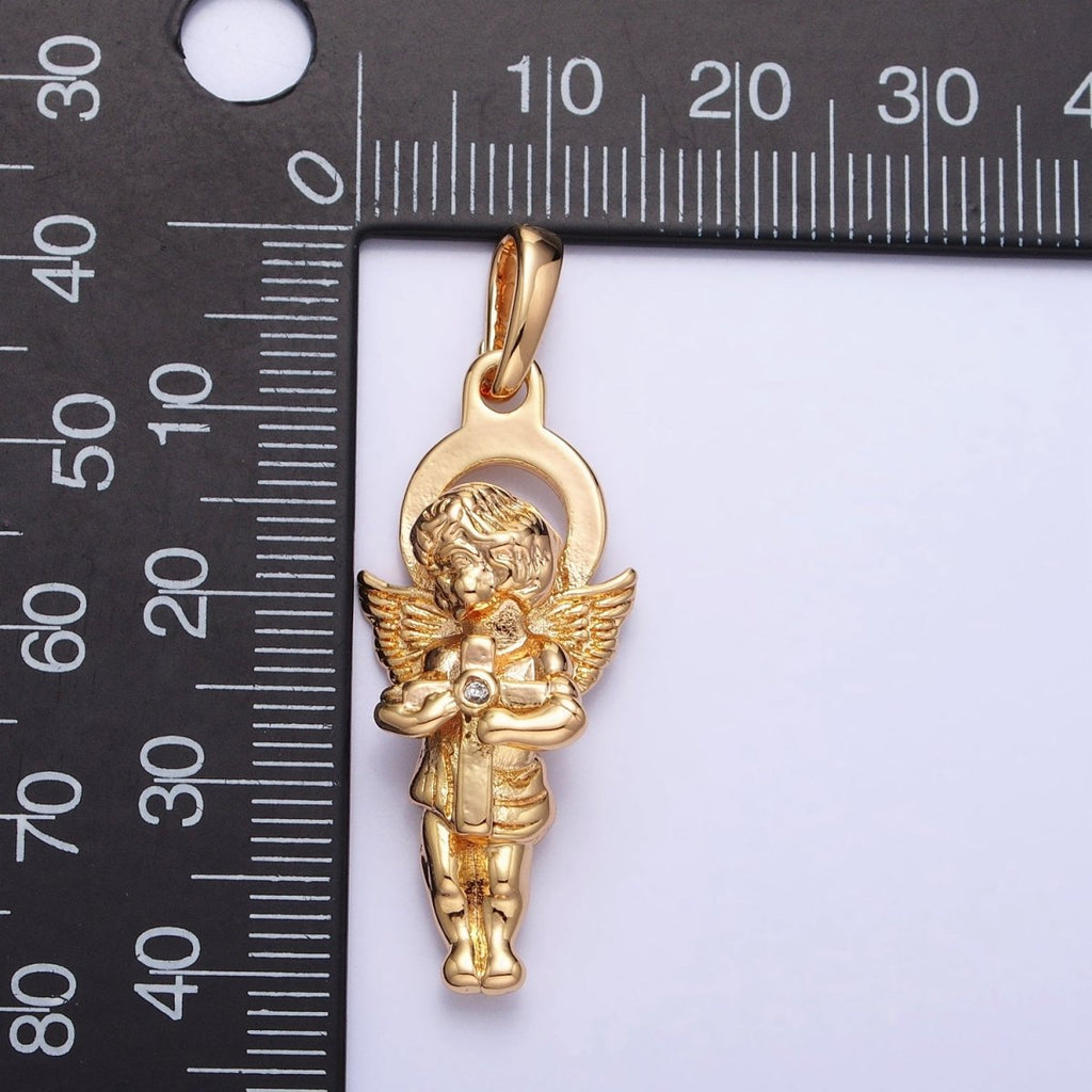 Dainty 3D 16K Gold plated Guardian Angel Pendant Micro Pave Silver Religious Charm AA303 AA304