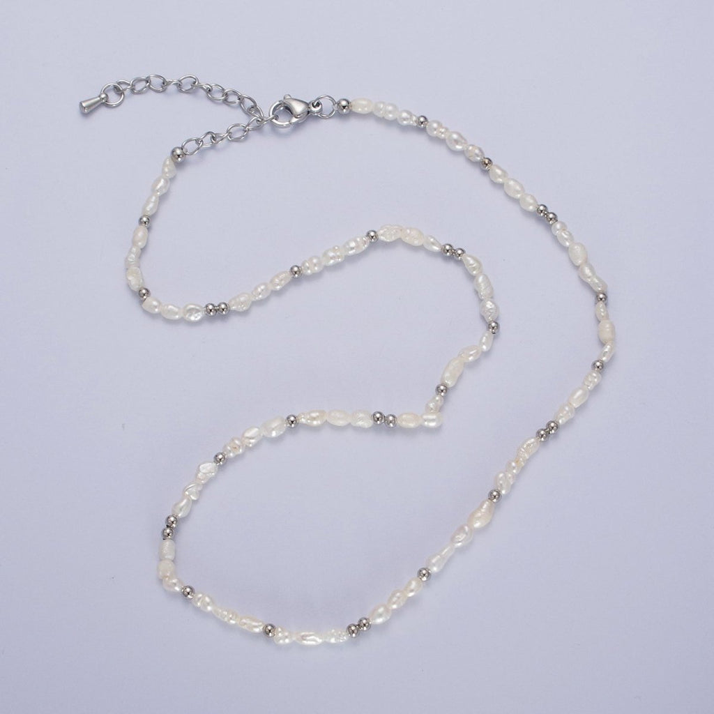 Dainty 3mm Baroque Freshwater Pearl White Gold plated Silver Beads 15 Inch Choker Necklace | WA-1448 Clearance Pricing - DLUXCA