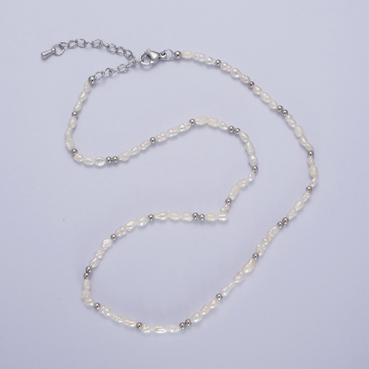 Dainty 3mm Baroque Freshwater Pearl White Gold plated Silver Beads 15 Inch Choker Necklace | WA-1448 Clearance Pricing - DLUXCA