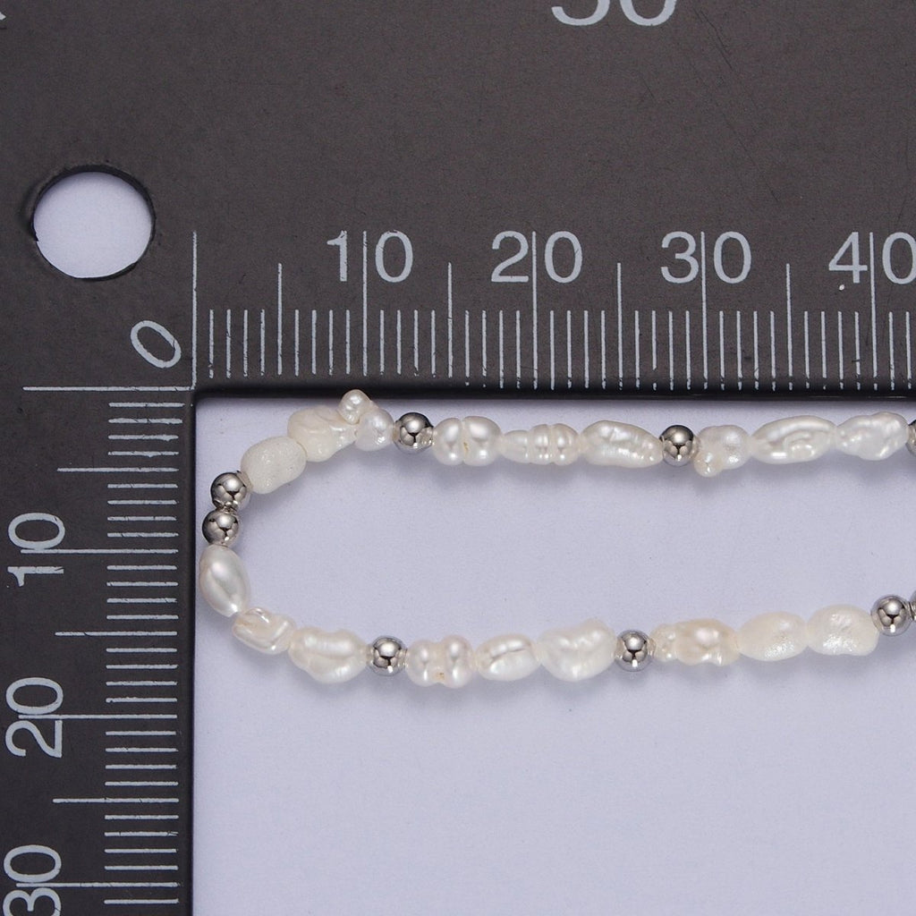 Dainty 3mm Baroque Freshwater Pearl White Gold plated Silver Beads 15 Inch Choker Necklace | WA-1448 Clearance Pricing - DLUXCA