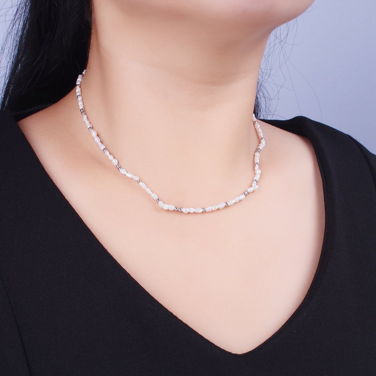 Dainty 3mm Baroque Freshwater Pearl White Gold plated Silver Beads 15 Inch Choker Necklace | WA-1448 Clearance Pricing - DLUXCA
