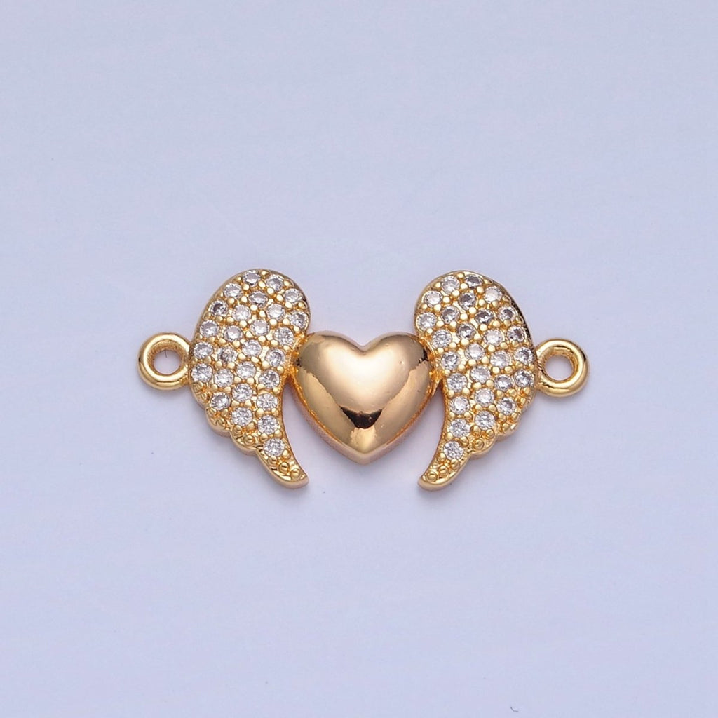 Dainty Angel Wing Heart CZ Gold Pave Charm Connector for Bracelet Necklace Supply F-416 - DLUXCA