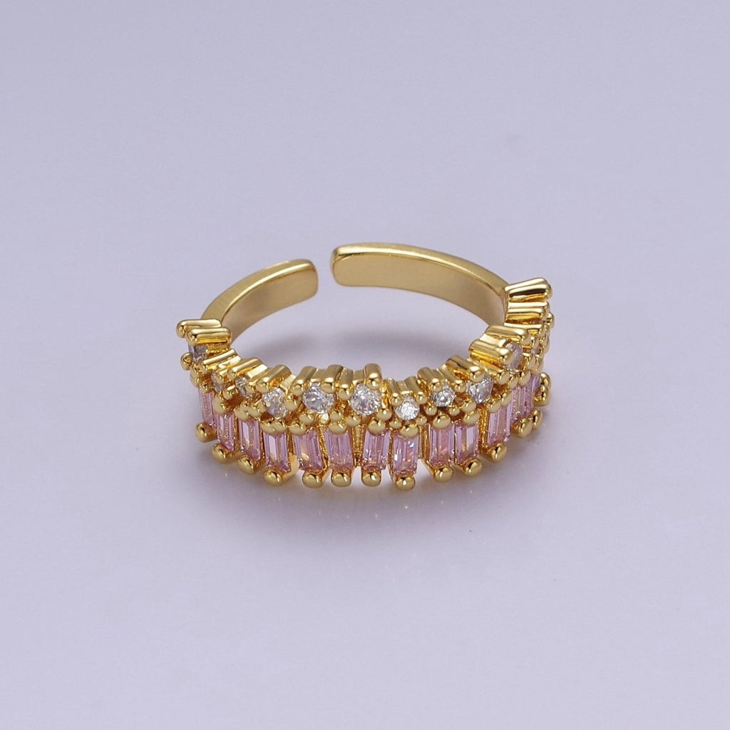 Dainty Baguette ring- Gold plated CZ Ring Classic clear, Purple, Blue, Green, Pink Cubic Zirconia Adjustable Ring O-2089 ~ O-2094