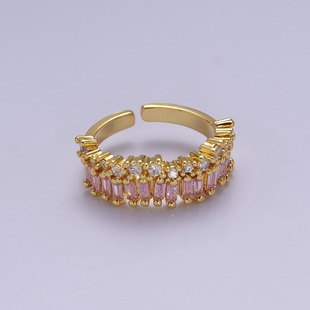 Dainty Baguette ring- Gold plated CZ Ring Classic clear, Purple, Blue, Green, Pink Cubic Zirconia Adjustable Ring O-2089 ~ O-2094