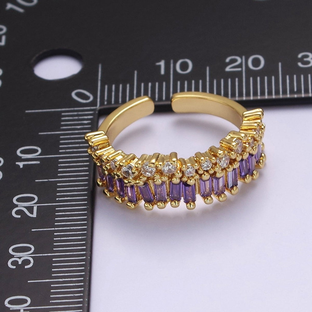 Dainty Baguette ring- Gold plated CZ Ring Classic clear, Purple, Blue, Green, Pink Cubic Zirconia Adjustable Ring O-2089 ~ O-2094