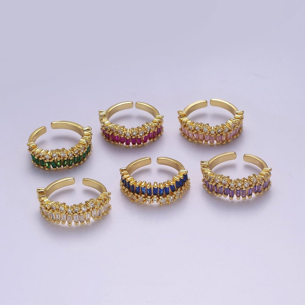 Dainty Baguette ring- Gold plated CZ Ring Classic clear, Purple, Blue, Green, Pink Cubic Zirconia Adjustable Ring O-2089 ~ O-2094