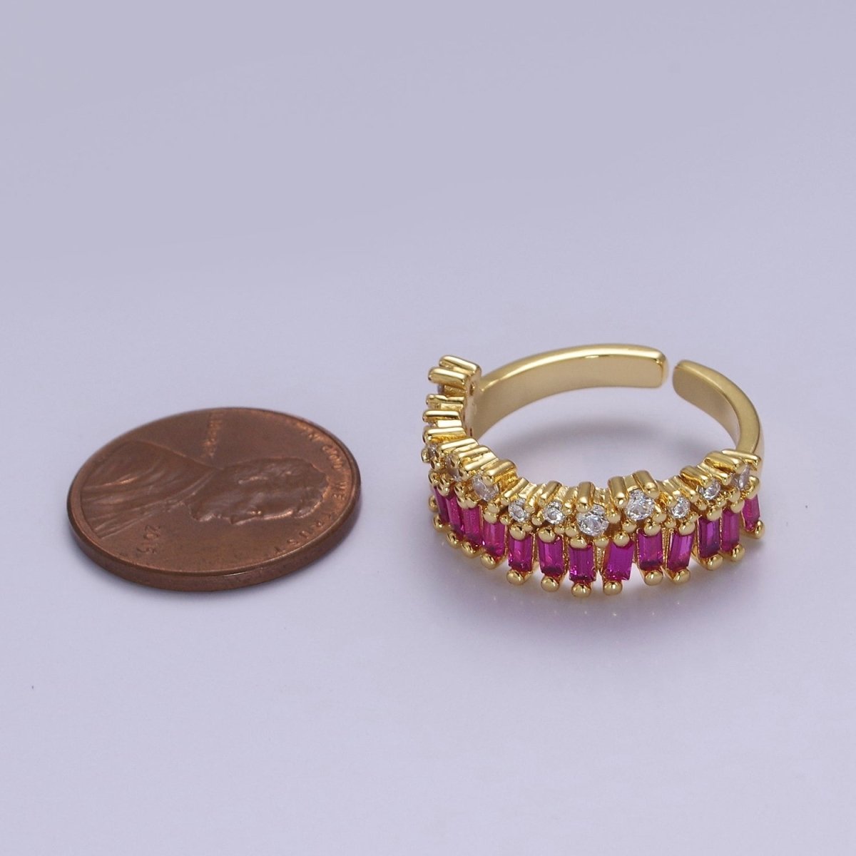 Dainty Baguette ring- Gold plated CZ Ring Classic clear, Purple, Blue, Green, Pink Cubic Zirconia Adjustable Ring O-2089 ~ O-2094