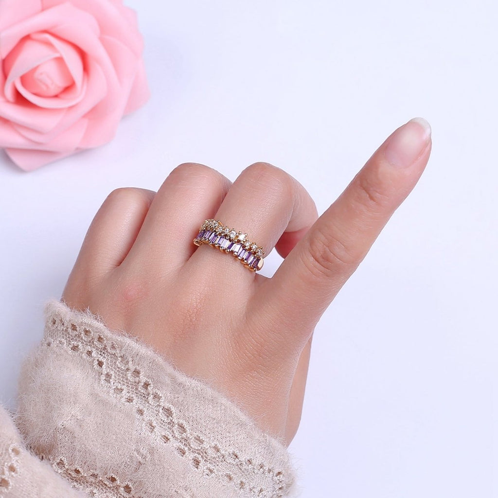Dainty Baguette ring- Gold plated CZ Ring Classic clear, Purple, Blue, Green, Pink Cubic Zirconia Adjustable Ring O-2089 ~ O-2094