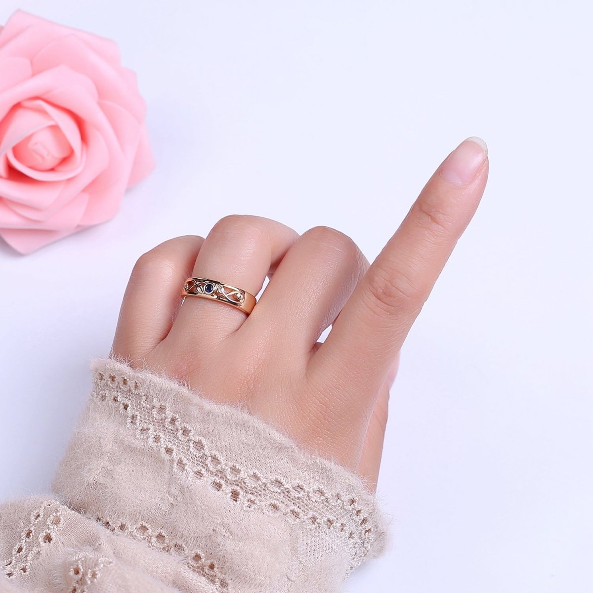 Dainty Blue CZ Stone Gold Band for Midi Ring Stackable Jewelry S-526 - DLUXCA