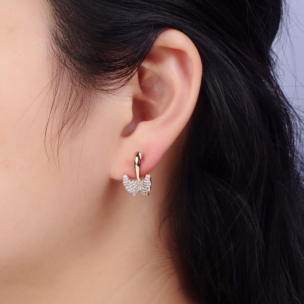 Dainty Butterfly Gold plated Earring Huggie with Micro Pave Cz Stone AB1056 - DLUXCA