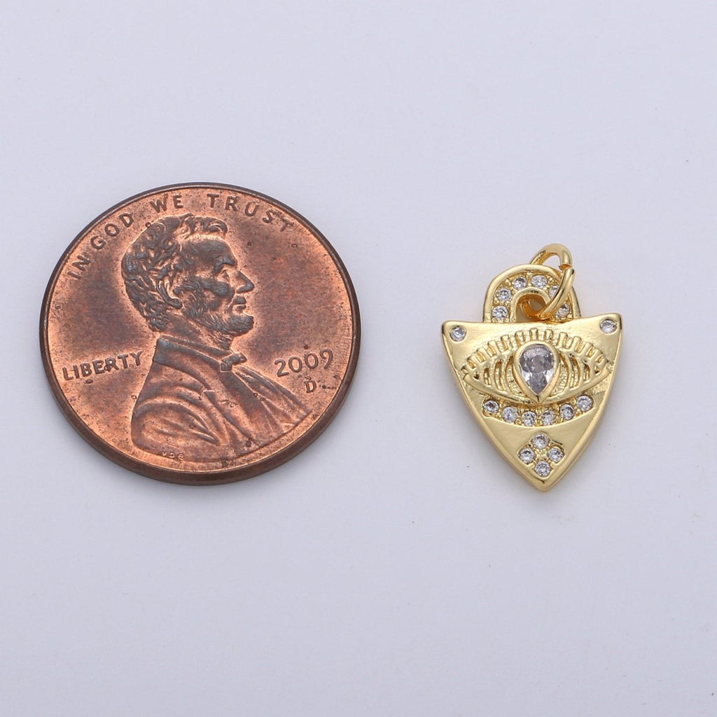 Dainty Charm 24k Gold plated Micro Pave Evil Eye Pendant Charm, Evil Eye Shield Micro Pave CZ Pendant Charm, For Protection Amulet Jewelry, D-241 - DLUXCA
