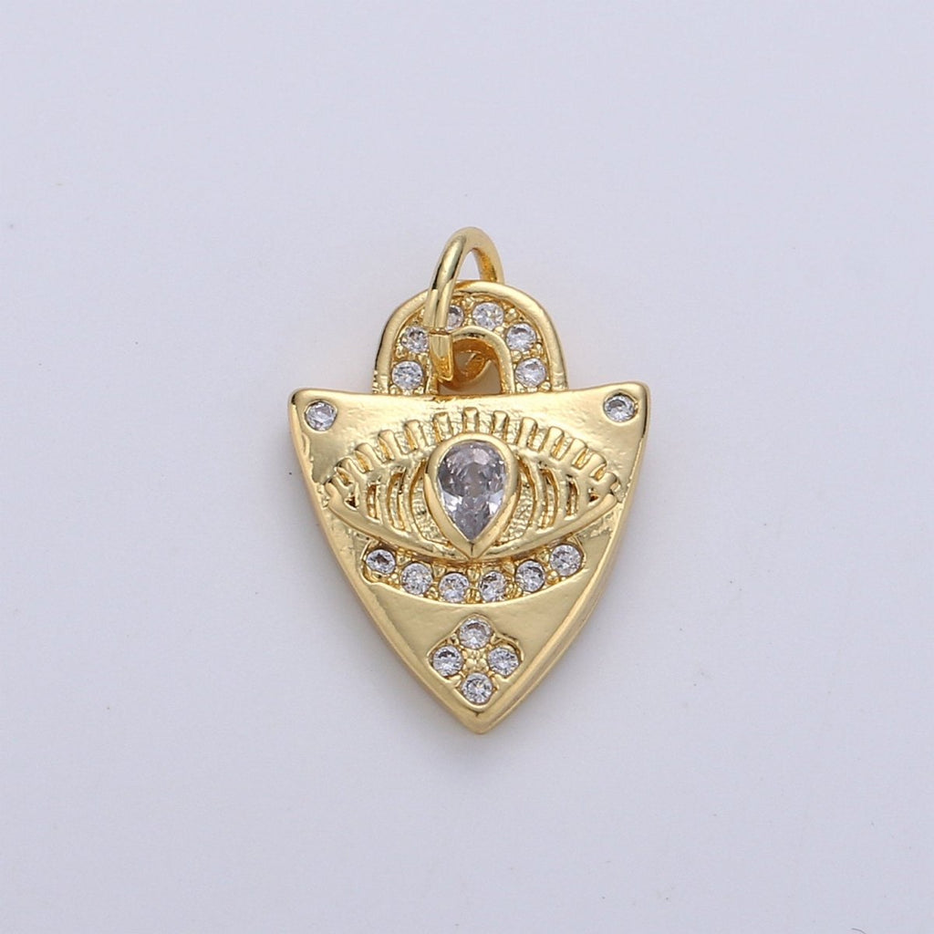 Dainty Charm 24k Gold plated Micro Pave Evil Eye Pendant Charm, Evil Eye Shield Micro Pave CZ Pendant Charm, For Protection Amulet Jewelry, D-241 - DLUXCA