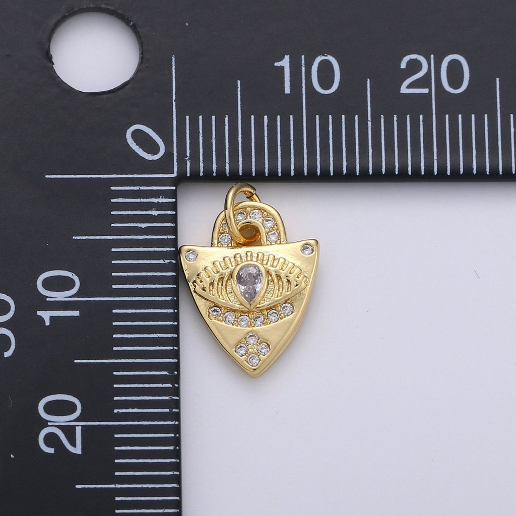 Dainty Charm 24k Gold plated Micro Pave Evil Eye Pendant Charm, Evil Eye Shield Micro Pave CZ Pendant Charm, For Protection Amulet Jewelry, D-241 - DLUXCA