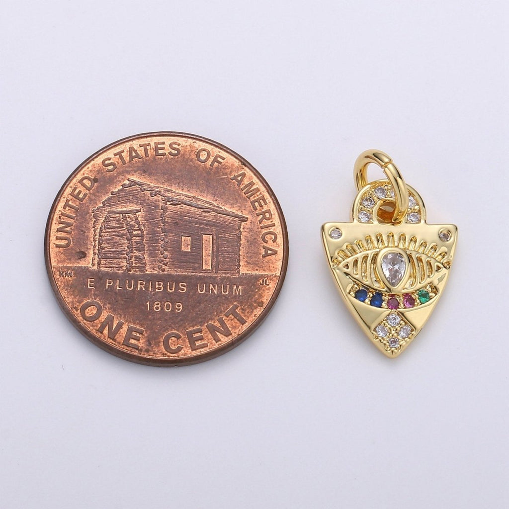 Dainty Charm 24k Gold plated Micro Pave Evil Eye Pendant Charm, Rainbow Eye Shield CZ Pendant Charm, For Protection Amulet Jewelry, D-360 - DLUXCA