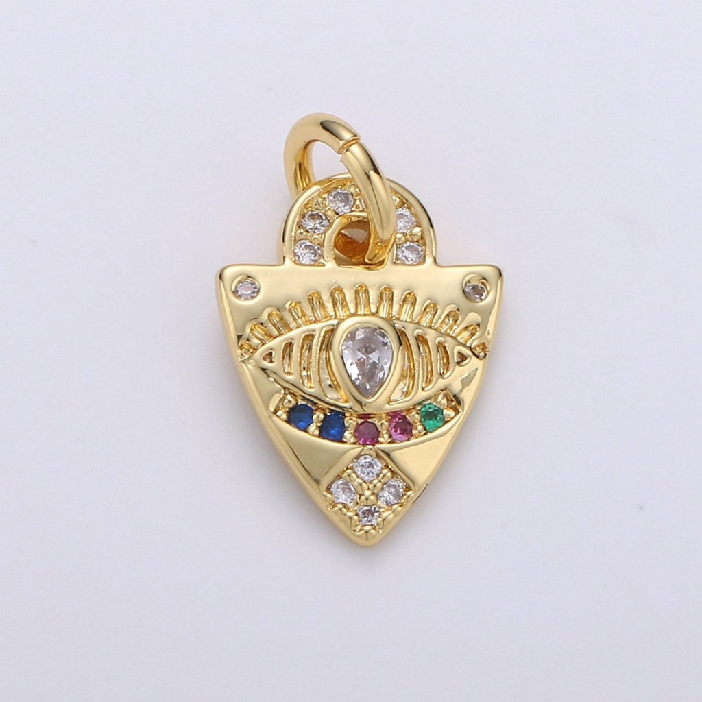 Dainty Charm 24k Gold plated Micro Pave Evil Eye Pendant Charm, Rainbow Eye Shield CZ Pendant Charm, For Protection Amulet Jewelry, D-360 - DLUXCA