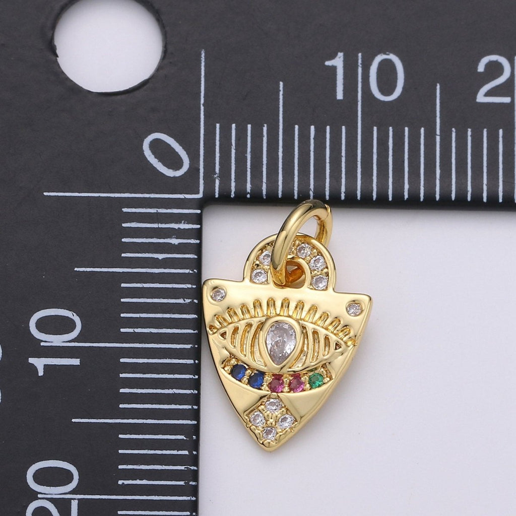 Dainty Charm 24k Gold plated Micro Pave Evil Eye Pendant Charm, Rainbow Eye Shield CZ Pendant Charm, For Protection Amulet Jewelry, D-360 - DLUXCA