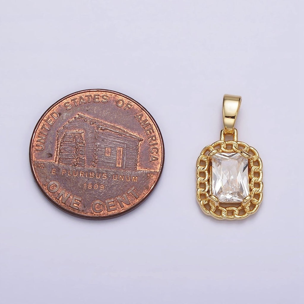 Dainty Clear Cubic Zirconia Emerald Cut Stone Pendant Tag Charm with Curb Link Frame J-611 - DLUXCA