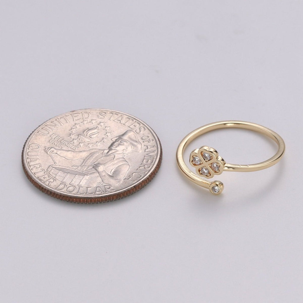 Dainty clover Ring Gold Quatrefoil CZ stackable ring Gold Small floral Minimalist Ring gift for her Open Adjustable Ring for Christmas R-110 - DLUXCA