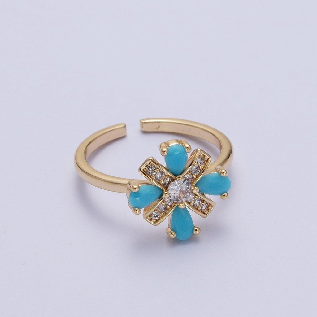 Dainty Cluster Turquoise Ring 16K Gold plated Minimalist Stackable Trendy Everyday Jewelry Open Adjustable Ring R-503 - DLUXCA