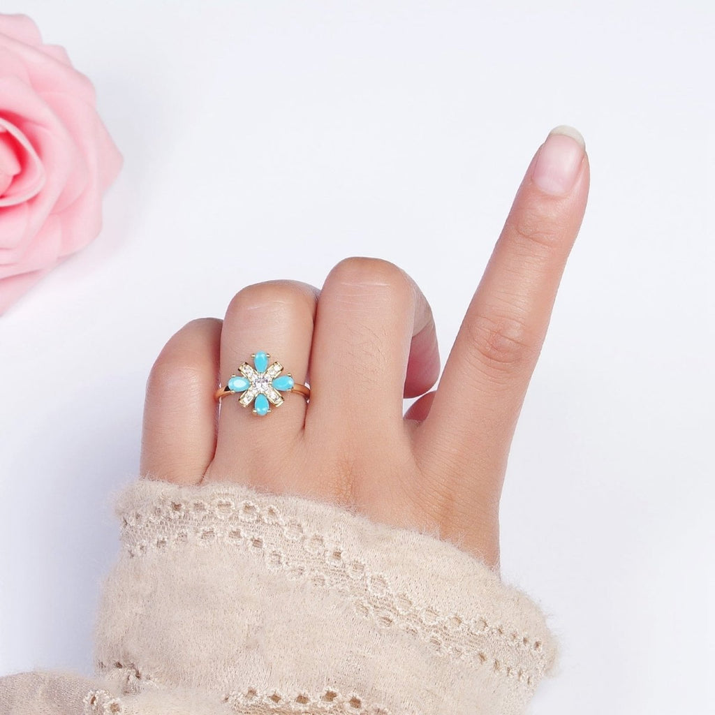 Dainty Cluster Turquoise Ring 16K Gold plated Minimalist Stackable Trendy Everyday Jewelry Open Adjustable Ring R-503 - DLUXCA