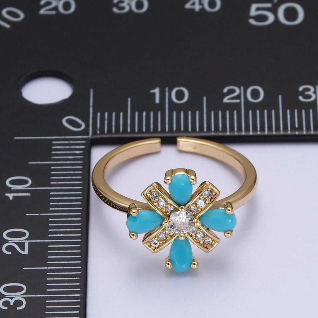 Dainty Cluster Turquoise Ring 16K Gold plated Minimalist Stackable Trendy Everyday Jewelry Open Adjustable Ring R-503 - DLUXCA