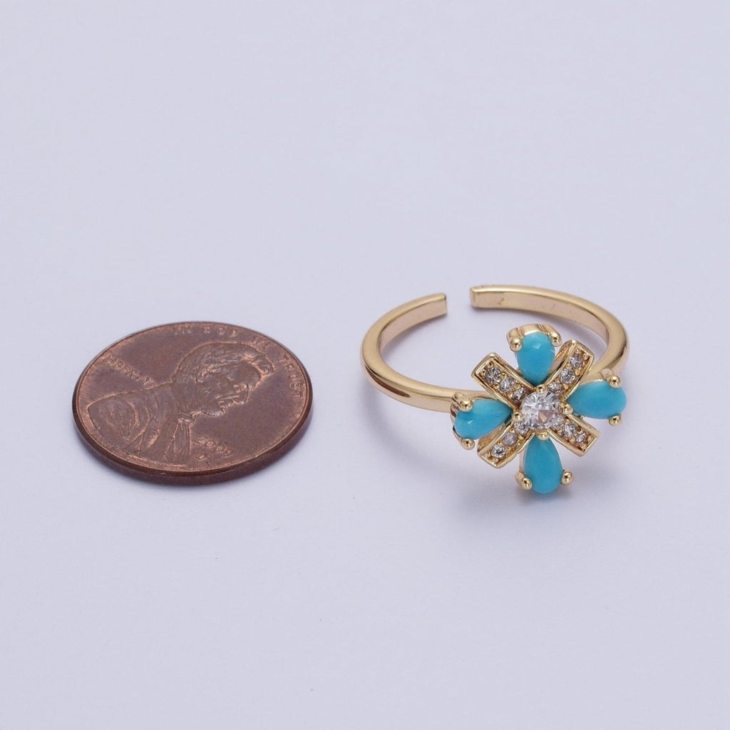 Dainty Cluster Turquoise Ring 16K Gold plated Minimalist Stackable Trendy Everyday Jewelry Open Adjustable Ring R-503 - DLUXCA