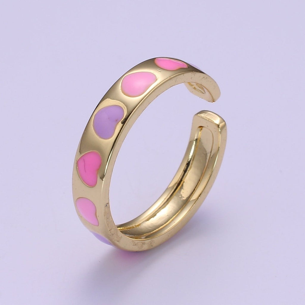 Dainty Colorful Enamel Heart Adjustable Ring, Gold Enamel Open Ring, Black Pink Teal Purple White Enamel Heart Jewelry Trend R-059