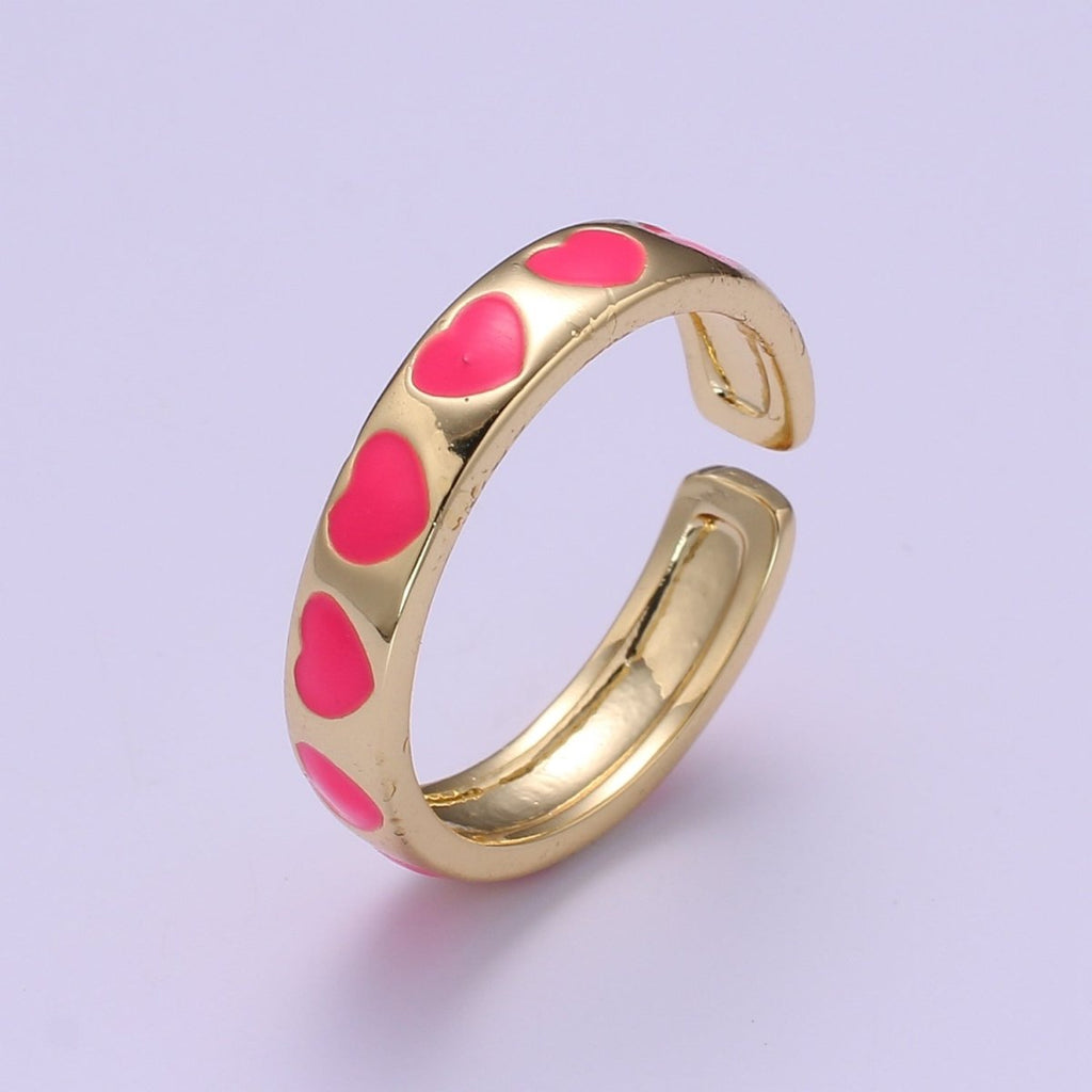 Dainty Colorful Enamel Heart Adjustable Ring, Gold Enamel Open Ring, Black Pink Teal Purple White Enamel Heart Jewelry Trend R-059