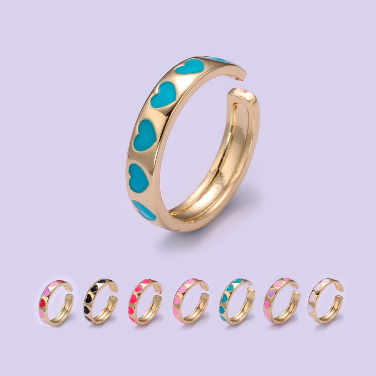 Dainty Colorful Enamel Heart Adjustable Ring, Gold Enamel Open Ring, Black Pink Teal Purple White Enamel Heart Jewelry Trend R-059