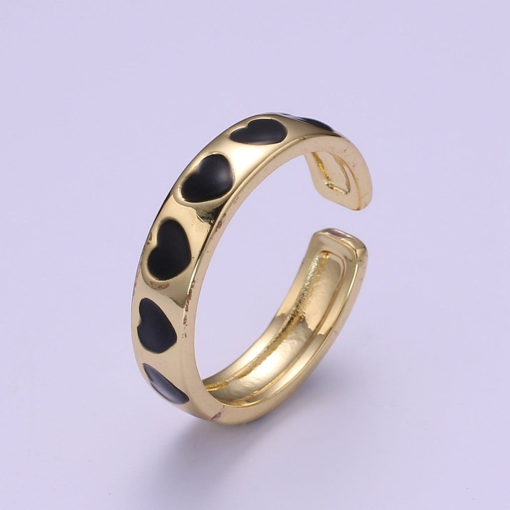 Dainty Colorful Enamel Heart Adjustable Ring, Gold Enamel Open Ring, Black Pink Teal Purple White Enamel Heart Jewelry Trend R-059