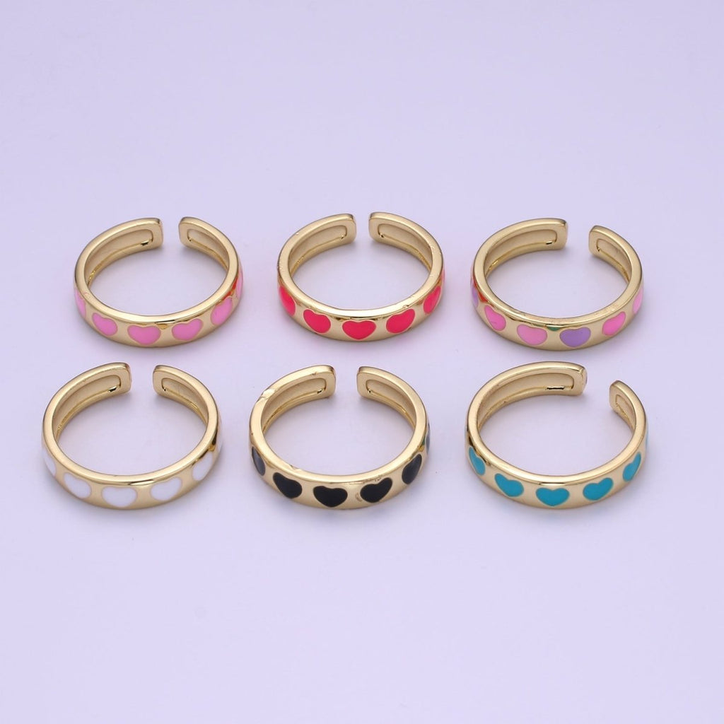 Dainty Colorful Enamel Heart Adjustable Ring, Gold Enamel Open Ring, Black Pink Teal Purple White Enamel Heart Jewelry Trend R-059