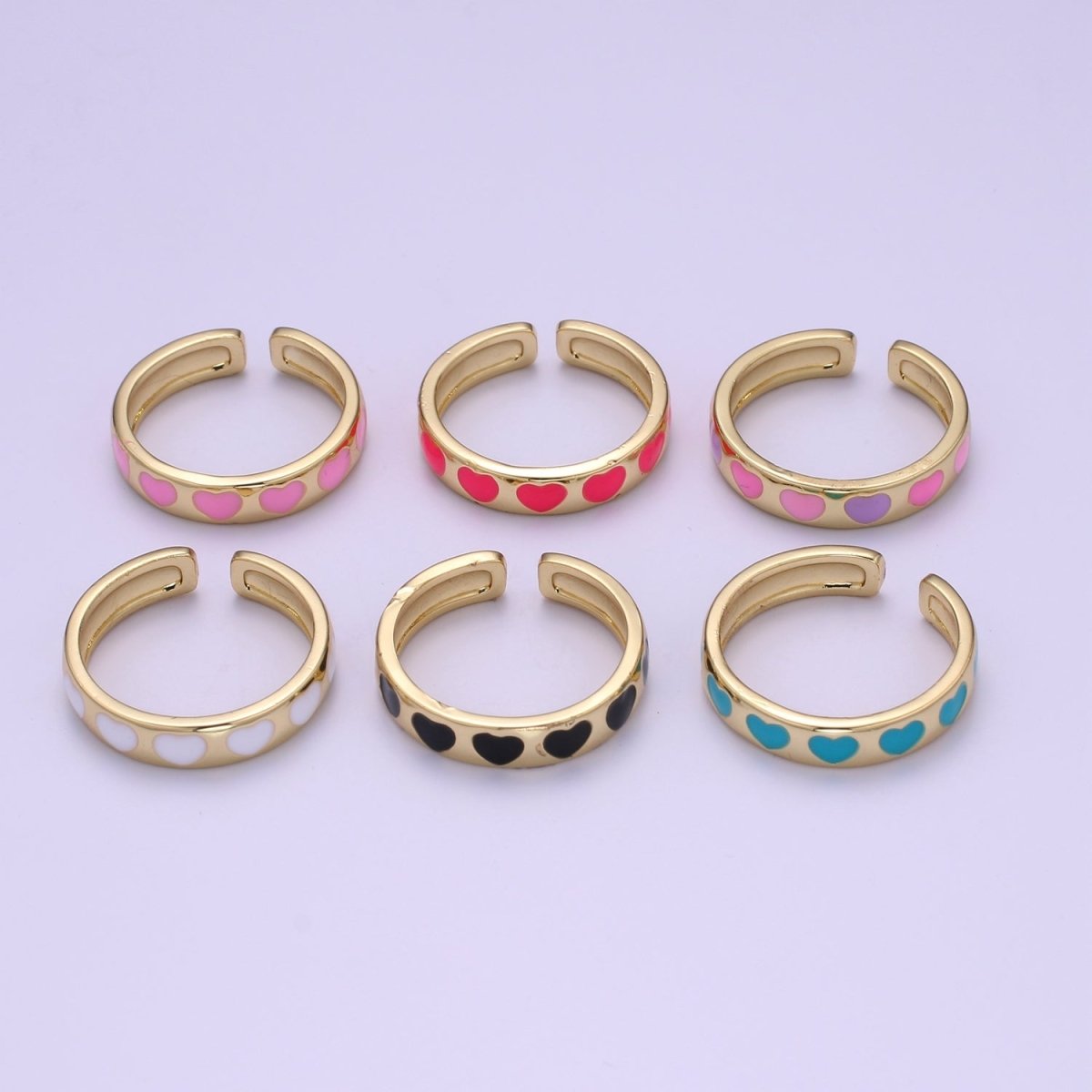 Dainty Colorful Enamel Heart Adjustable Ring, Gold Enamel Open Ring, Black Pink Teal Purple White Enamel Heart Jewelry Trend R-059