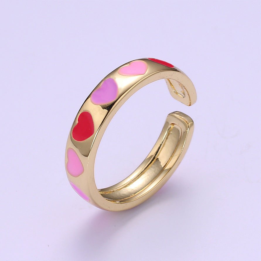 Dainty Colorful Enamel Heart Adjustable Ring, Gold Enamel Open Ring, Black Pink Teal Purple White Enamel Heart Jewelry Trend R-059