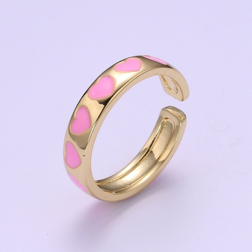 Dainty Colorful Enamel Heart Adjustable Ring, Gold Enamel Open Ring, Black Pink Teal Purple White Enamel Heart Jewelry Trend R-059