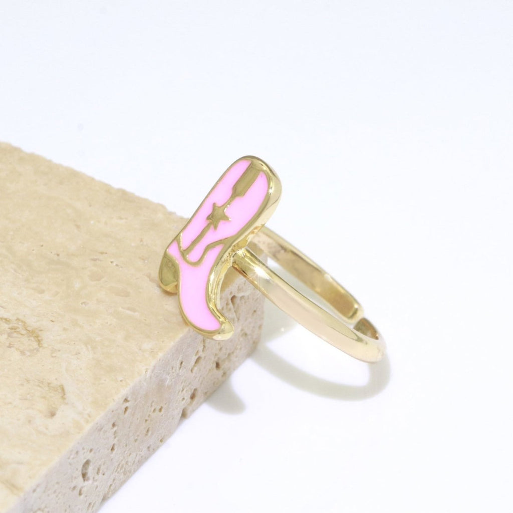 Dainty Cowboy Boots Stacking Ring, Gold Minimalist Ring Open Adjustable Ring Pink Enamel Ring Gold plated O-540 - DLUXCA