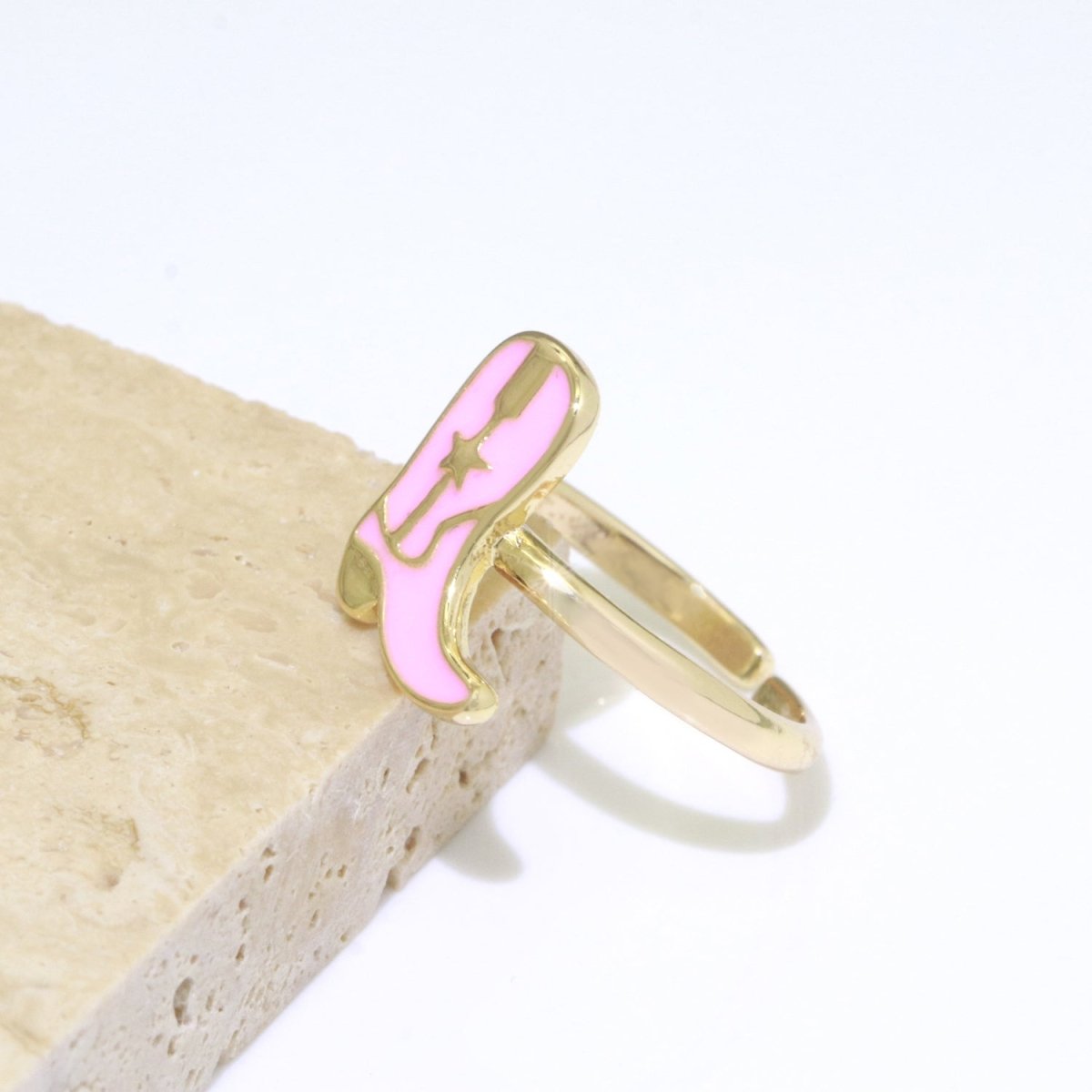 Dainty Cowboy Boots Stacking Ring, Gold Minimalist Ring Open Adjustable Ring Pink Enamel Ring Gold plated O-540 - DLUXCA