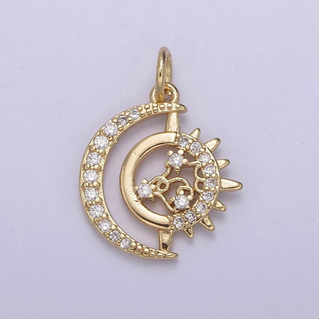 Dainty Crescent Moon Charm Micro Pave Celestial Jewelry 18K Gold plated Moon Sun Charm N-703 - DLUXCA