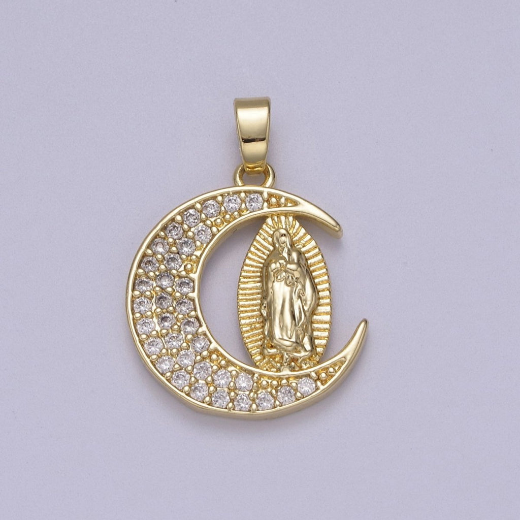 Dainty Crescent Moon Pendant with Lady Guadalupe Virgin Mary Charm N-588 N-589