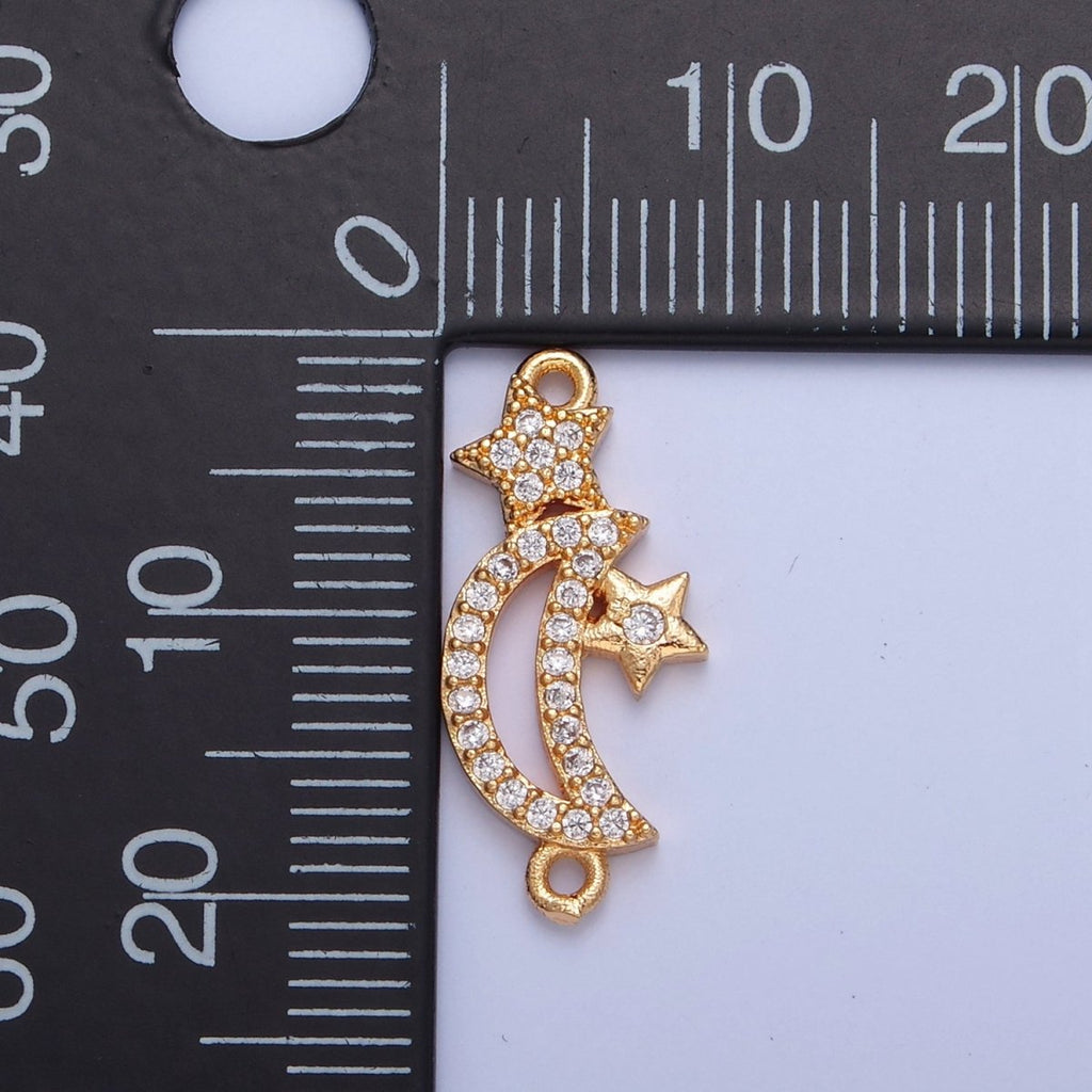 Dainty Crescent Moon Star CZ Gold Pave Charm Connector for Bracelet Necklace Supply F-556 - DLUXCA