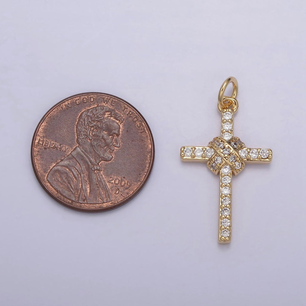 Dainty Cross Charm 18K Gold plated Cross Pendant with Clear Cubic Zirconia Micro Pave Religious Jewelry Making N-856 - DLUXCA